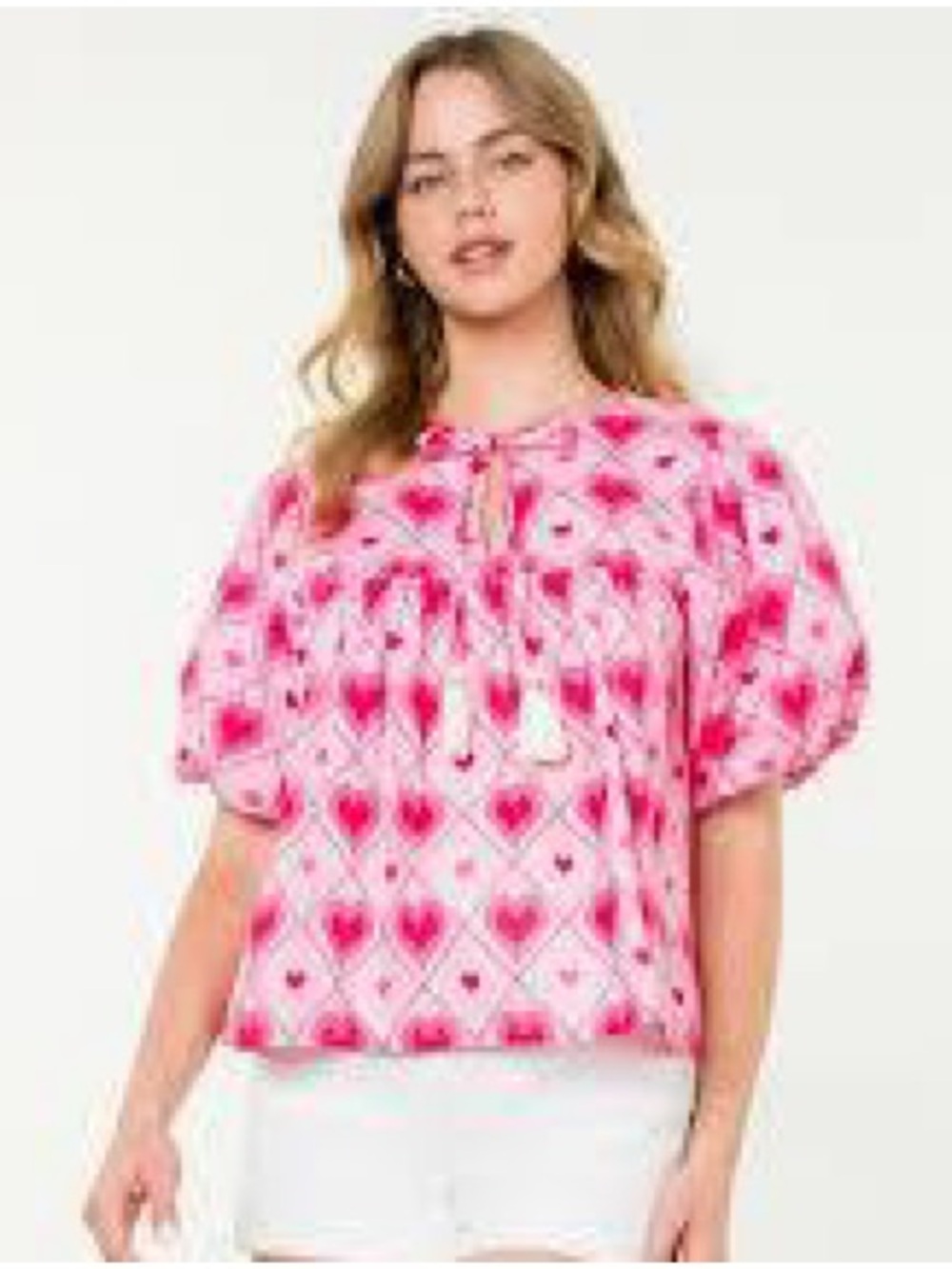 THML Teal and Hot Pink Printed Ruffle-Neck Puff Sleeve Blouse - Picture 15 of 16